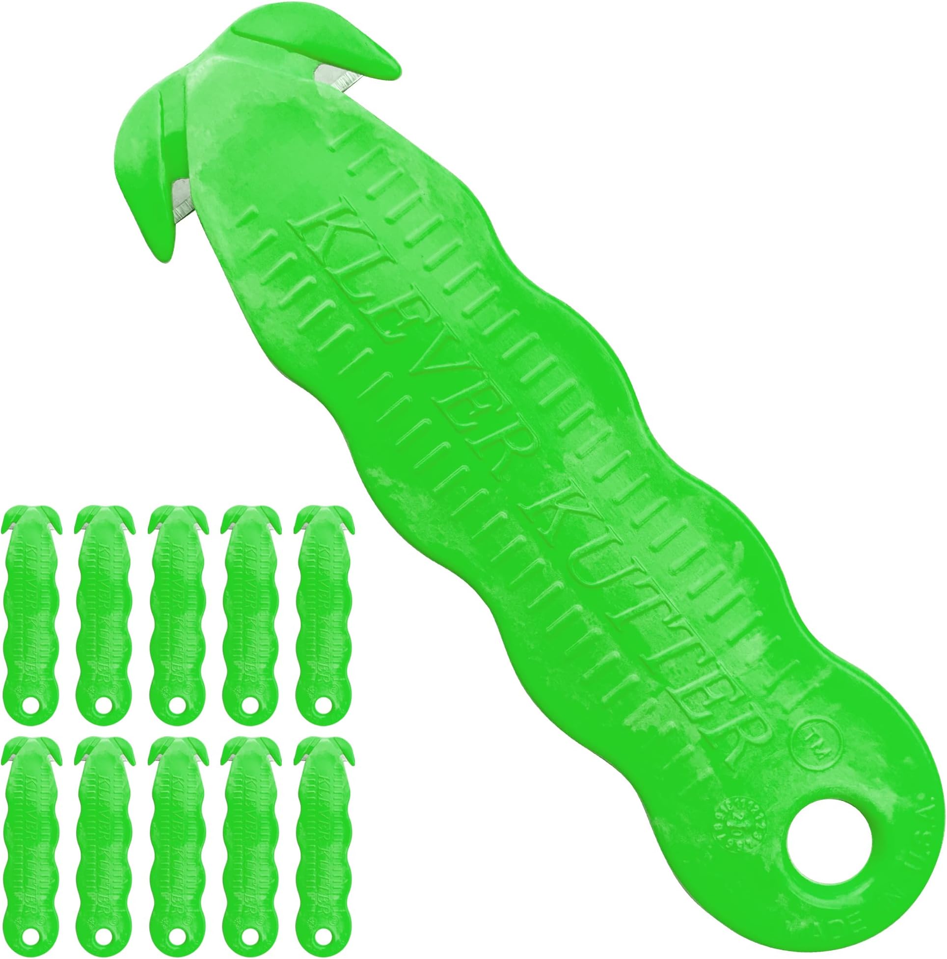 Klever Kutter - Safety Cutter Tool (Pack of 10) Green, Unique Double Hook Design - Disposable Box Cutter with Cutting Blade for Letter, Strap, Carton, Package, Envelope and Box Opener.