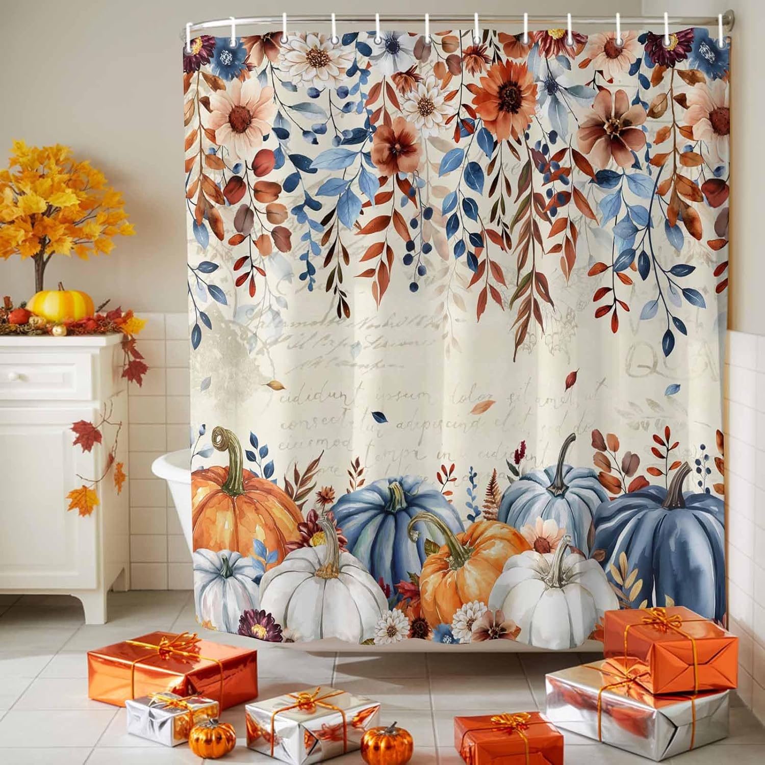 Vintage Fall Thanksgiving Shower Curtain, Autumn Orange Blue Pumpkin Waterproof Fabric Eucalyptus Bath Curtain Washable Weeping Leaves Retro Shower Curtains Set for Bathroom Bathtubs Decor 72''x72''