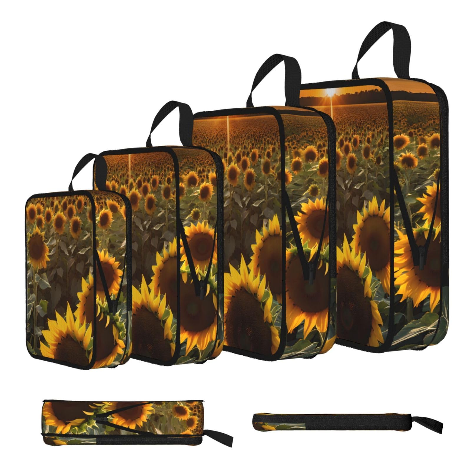 Ezdlowvba Black Sunflowers Print Print Compression Packing Cubes 4-Piece Set With Multi- Compartment Travel Bag, Waterproof Suitcase Organiser Bags