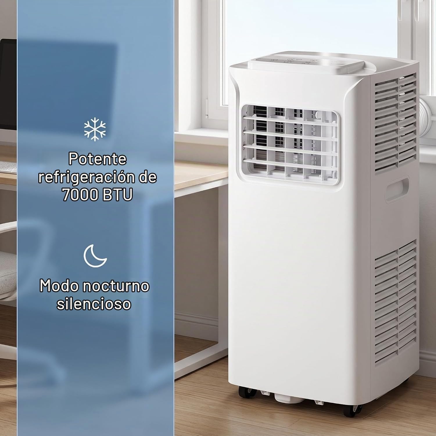 Aire Acondicionado Portátil 14000 BTU Bajo Consumo con Kit de Instalación, 2 Velocidades, Temporizador 24h, Pantalla Digital y Ventilador para Habitaciones Gran, 7000 BTU, 7000 BTU