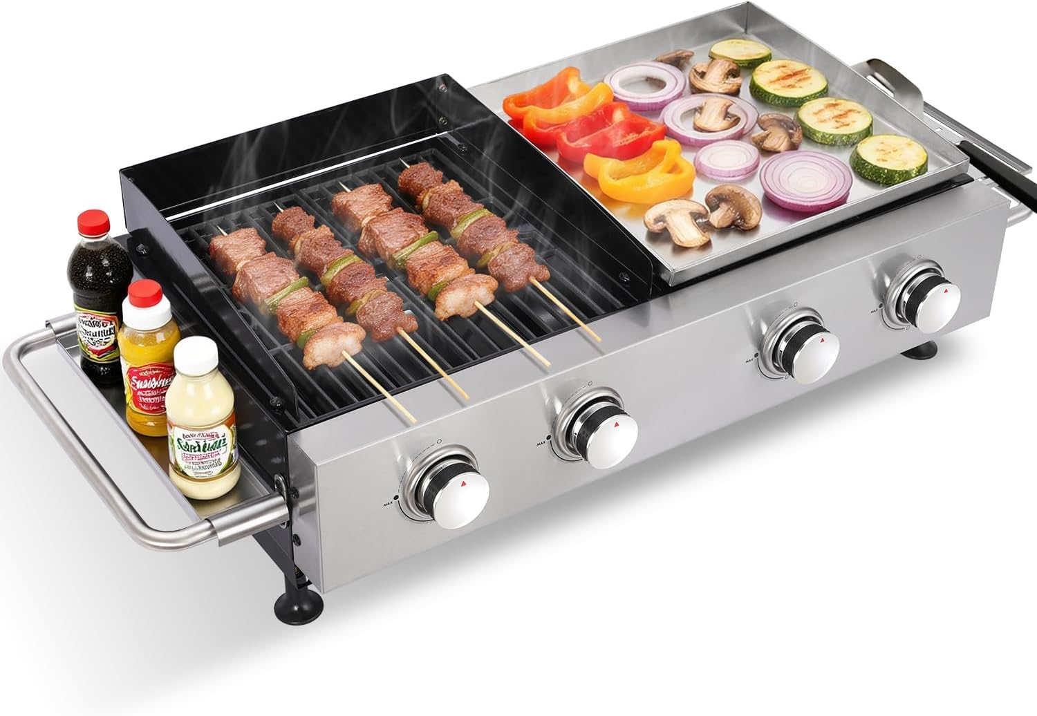 Cookit Propane Gas Grill and Griddle Combo with 40,000 BTUs, 4-Burner Stainless Steel Griddle & Cast Iron Grill Combo for Outdoor Cooking While Camping or Tailgating