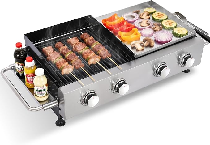 Portable 4-Burner Gas Grill Griddle Combo, Propane BBQ Grill with