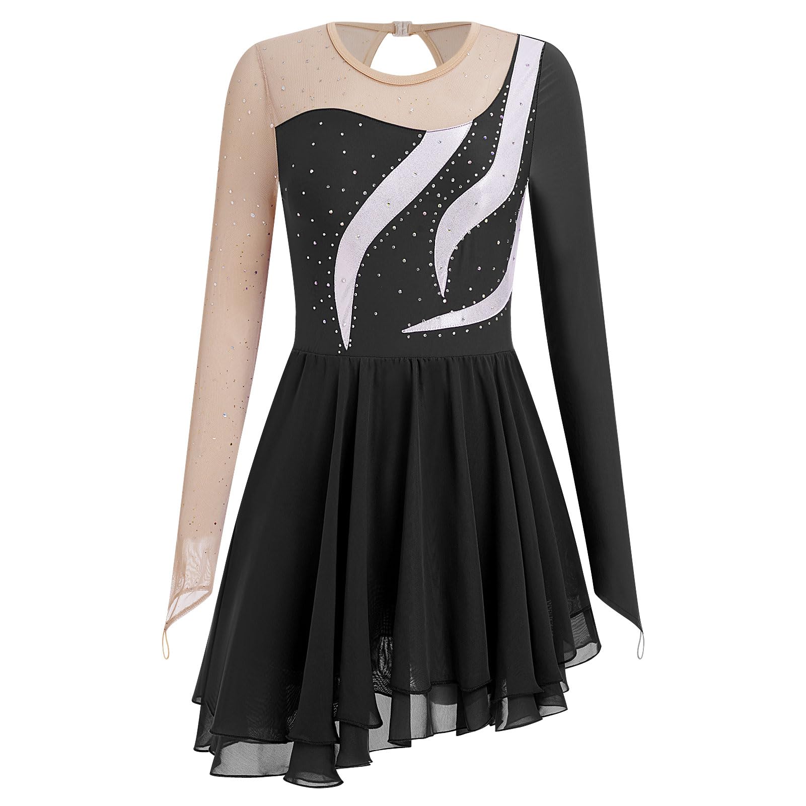 AFAVOM Eiskunstlaufkleid für Damen und Mädchen, langärmelig, Netzstoff, Pailletten, Strass, Eislaufkleid, Ballett, Wettkampf, Tanzkleidung