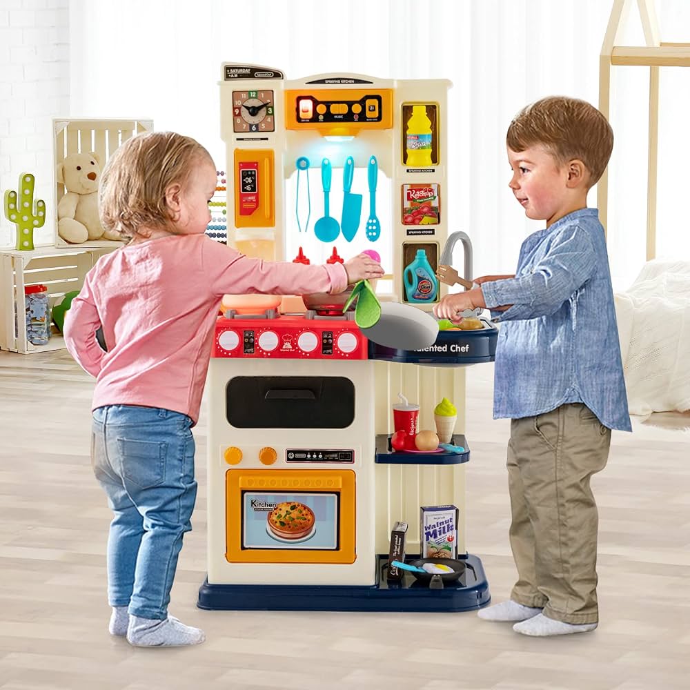 HOMASIS Cuisine Jouet 65 Pièces Rose – Lumière, Son, Eau Courante & Accessoires Pour Enfants 3+ Ans