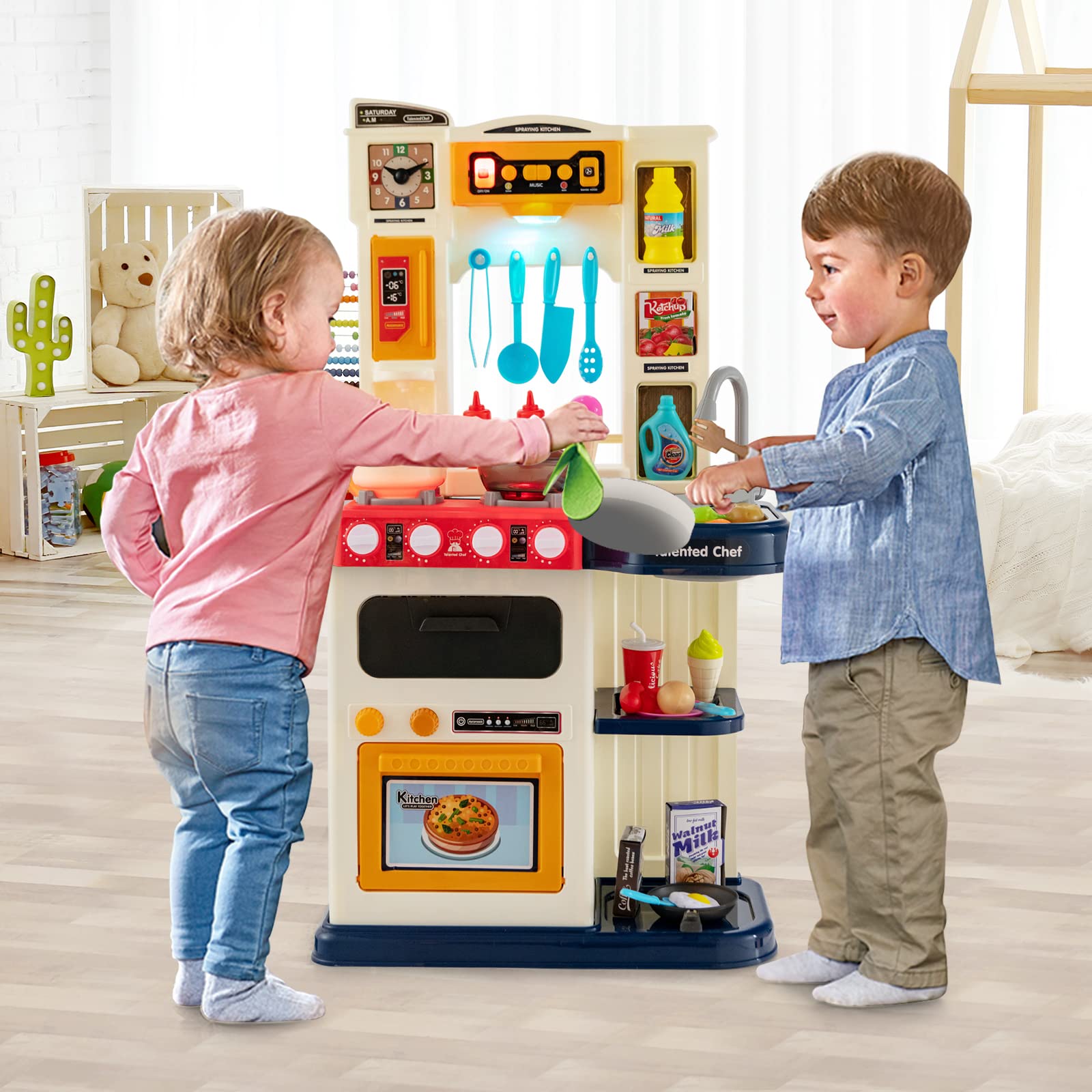 HOMASIS 65 Piece Cuisine Jouet, Ustensiles de Cuisine Accessoires avec Lumière et Son, Simulateur de Cuisine, Evier à Eau Automatique, Set de casseroles et poêles, pour Les Enfants de 3+ Ans (Bleu)