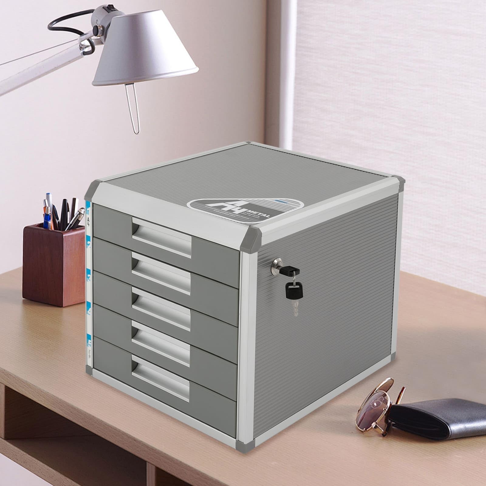 Organizzatore da scrivania in lega di alluminio a 5 livelli, scatola di immagazzinaggio file con cassetti e chiavi, bloccabile, ideale per riporre forniture per ufficio