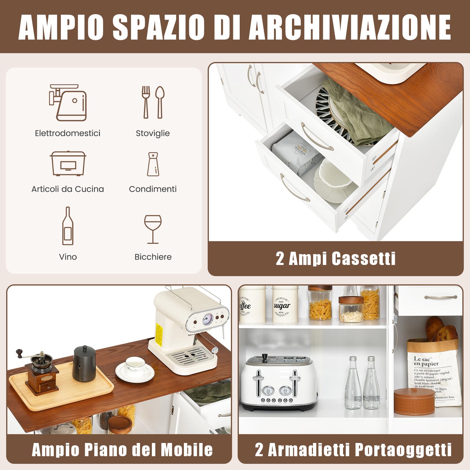 COSTWAY Credenza Buffet, Armadio di Stoccaggio Moderno con 2 Ante e 2 Cassetti, Ripiano Regolabile, per Cucina, Sala da Pranzo, 100 x 40 x 78 cm (Bianco)