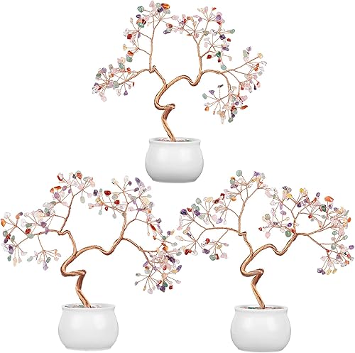 Miniatura 4 de Rockcloud Árbol de dinero de piedra de cristal colorido de 8.5 pulgadas Fengshui bonsái con base de cerámica para buena suerte, riqueza, hogar,