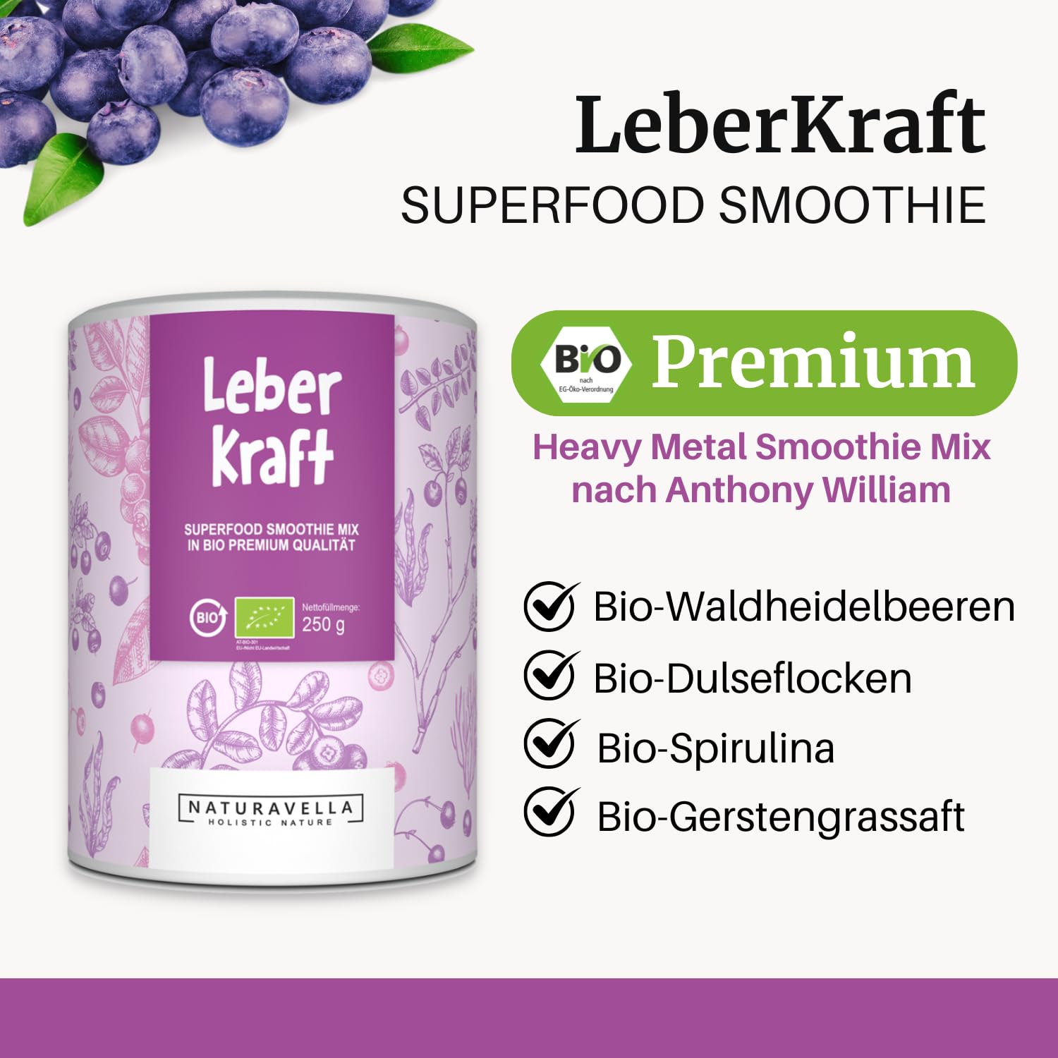 NATURAVELLA LeberKraft Bio Superfood Pulver (250g) für Heavy Metal Detox | Mit Wildheidelbeeren, Gerstengras, Spirulina & Dulse | Nach Rezept von Anthony William | Vegan, laborgeprüft & ohne Zusätze