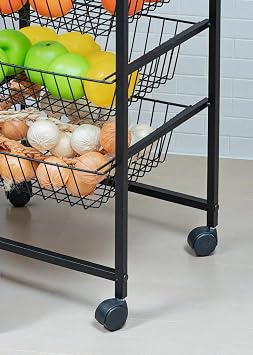 Dekoratİf Sİyah Metal Sebzelİk Tekerleklİ 4 Rafli Tel Sepetlİ Çok AmaÇli Stand