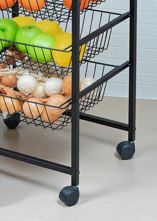 Dekoratİf Sİyah Metal Sebzelİk Tekerleklİ 4 Rafli Tel Sepetlİ Çok AmaÇli Stand