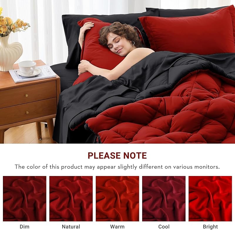 MUXHOMO King Comforter Set 7 Pieces, Reversible Bed in a Bag, Red/Black image 4