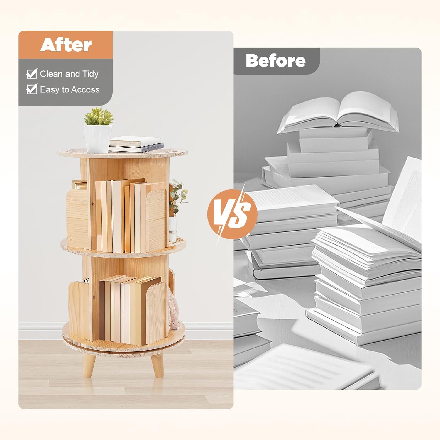 360 Rotating Bookshelf for Kids & Adults, New Zealand Pine Wood Bookcase with 110lbs/Layer Capacity Space Saving Freestanding Organizer for Nursery/Living Room/Study, Eco-Friendly Open Design (2 Tier)