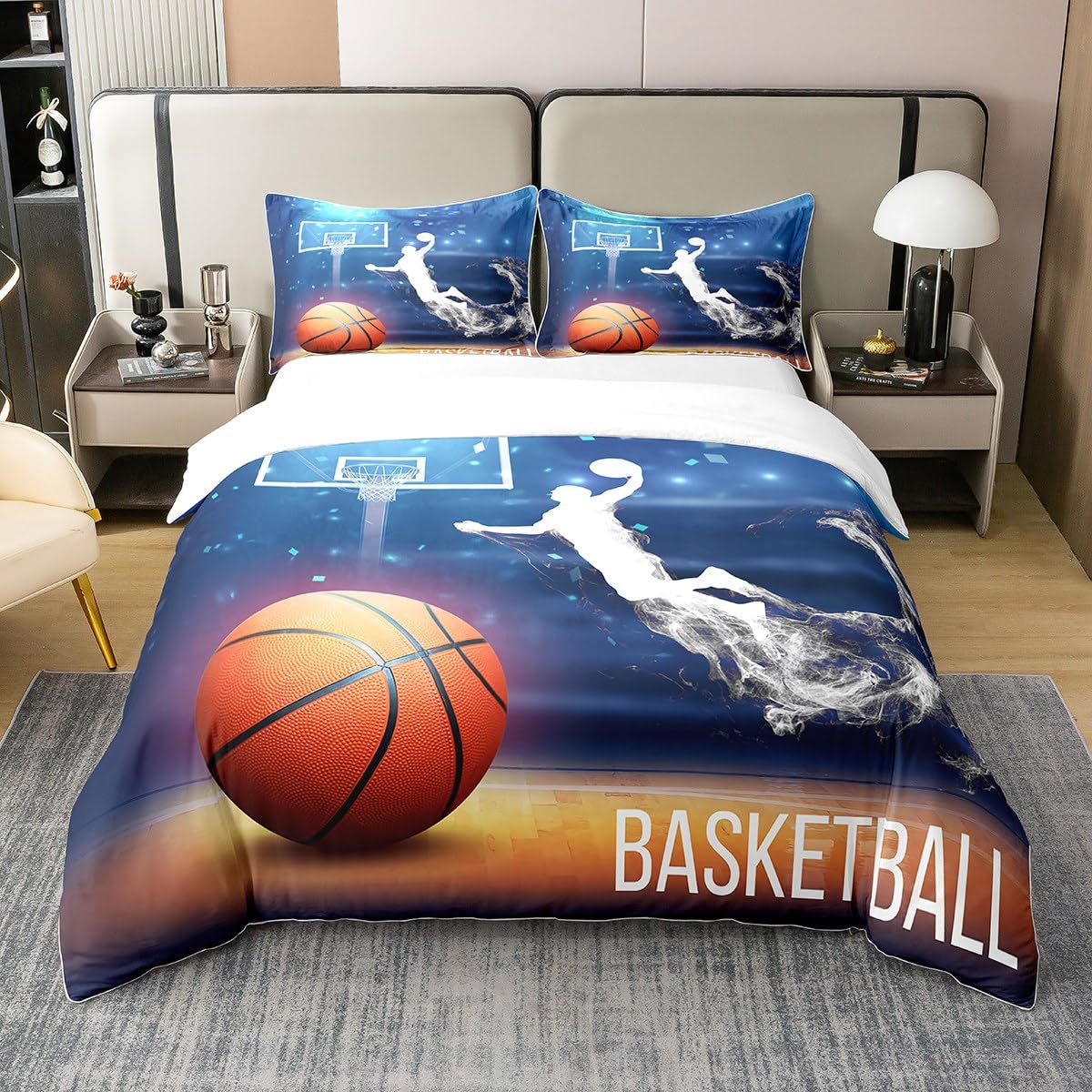 Homewish 100% Cotton Boys Basketball Duvet Cover Double,Basketball Player Bedding Set for Kids,Competitive Sports Game Comforter Cover,Modern Basketball Court Bed Sets with 2 Pillowcases — image 1