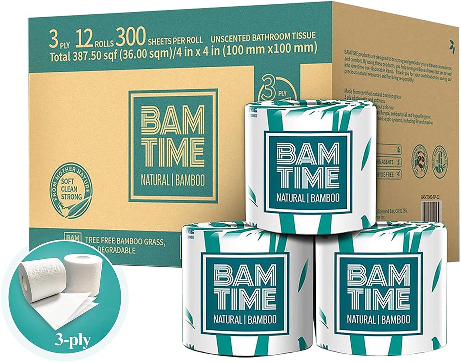 Amazon Aware 100 3ply Bamboo Toilet Paper, 12 Rolls, FSC