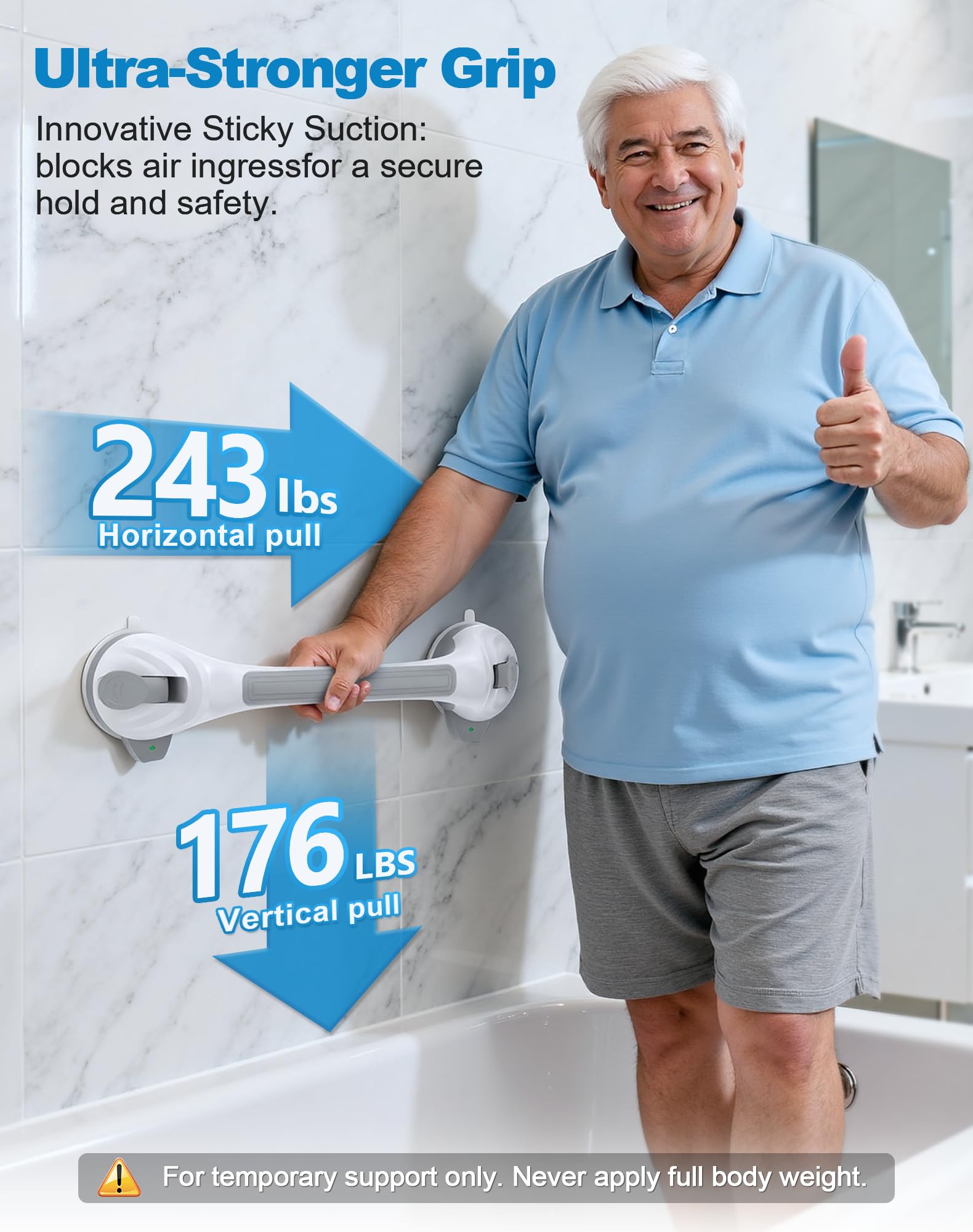 Maniglia Doccia Anziani,43CM Maniglione a Ventosa MAX 110 KG Maniglione Bagno per Disabili con Indicatori di Sicurezza Senza Foratura -2 Pezzi