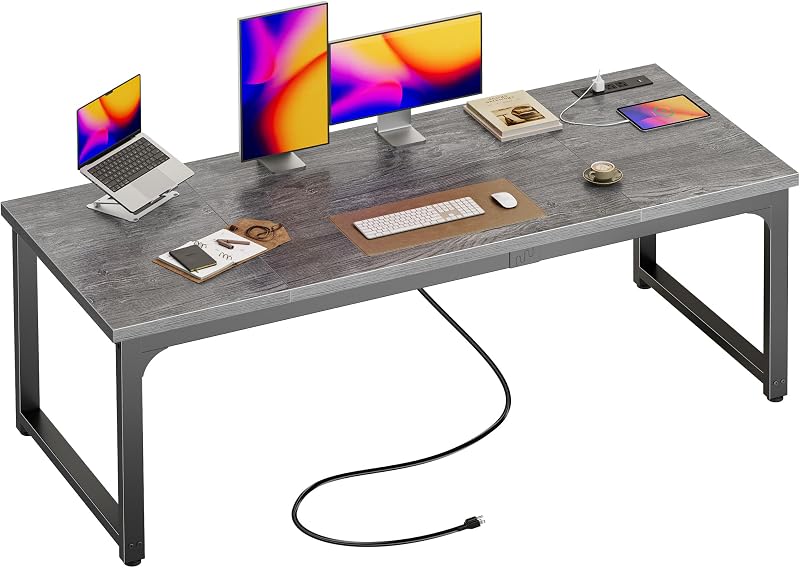 Escritorio de 63 x 24 pulgadas con tomas de corriente y USB-C, escritorio más profundo y grueso, tubos de metal robustos, escritorio para computadora, escritorio de oficina resistente, escritorio para juegos de trabajo, para oficina en casa, gris