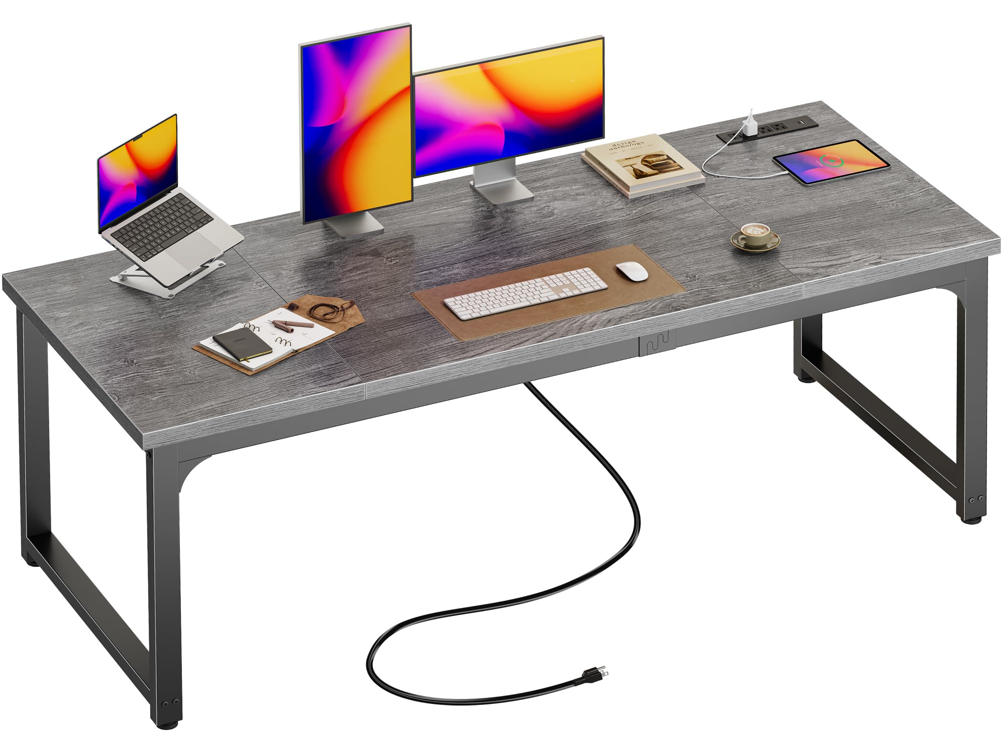 Huuger 63 x 24 inch Desk with Power Outlets & USB-C, Deeper & Thicker Desktop, Robust Metal Tubes, Computer Desk, Heavy Duty Office Desk, Work Gaming Desk, for Home Office, Grey