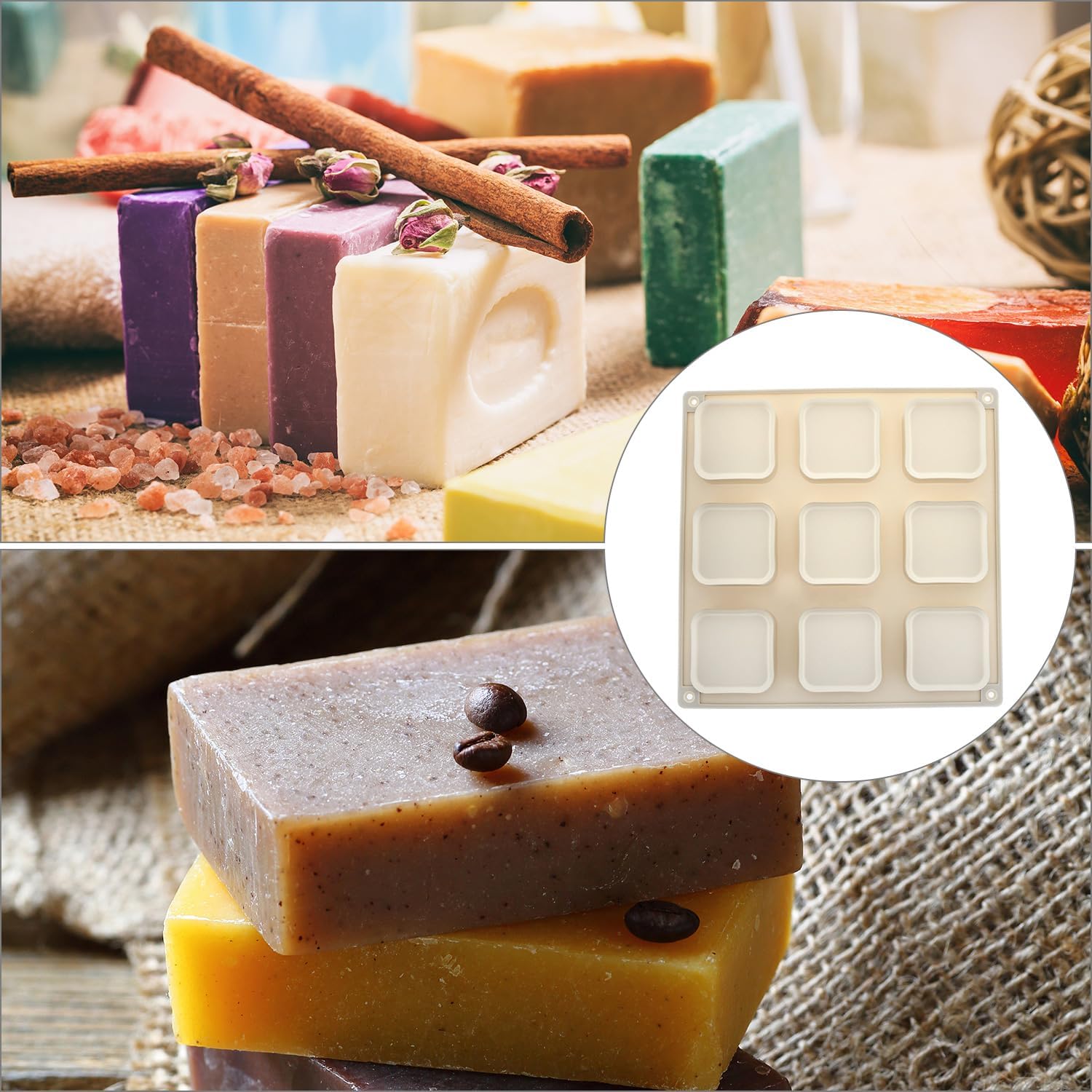 QWORK Silicone Soap Molds, 4 Pcs 9 Cavities Square Molds Set, Square Chocolate Baking Mould
