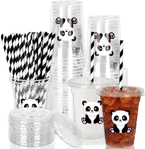 Vista 26 de Whaline 50 piezas de vasos de plástico desechables con cara feliz y pajitas con tapa de un tipo feliz 12 onzas, vasos de fiesta con cara feliz