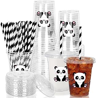 Whaline 50Pcs Panda Disposable Plastic Cups with Lids and Straws Cute Animal Theme Party Cups Cold Beverage Drinking Cups for Baby Shower Birthday Party Supplies
