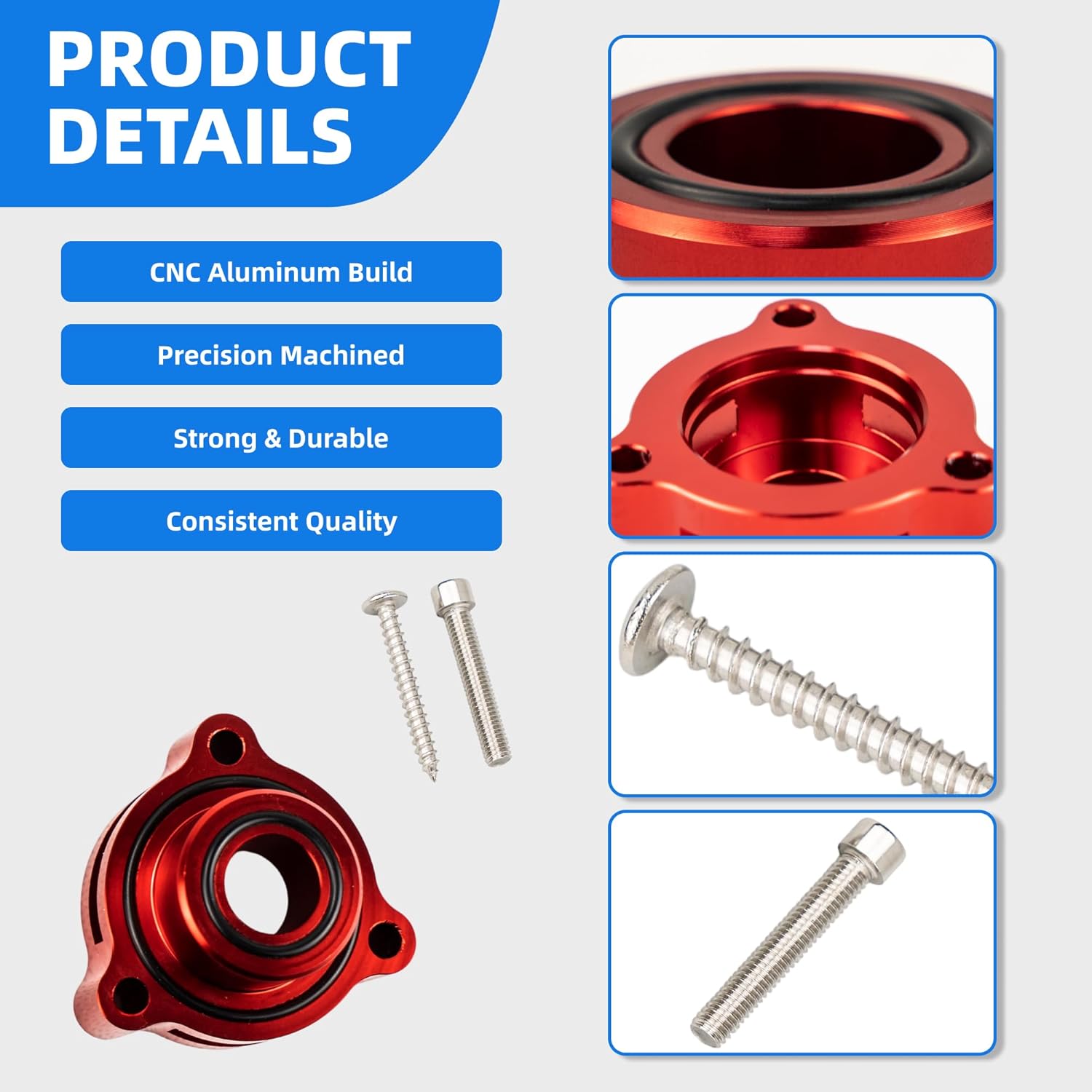 Blow Off Valve Adapter Compatible with Ford Fiesta, Mustang, Fusion, Edge, Escape, Transit, Bronco Fits 1.5L 1.6L 2.0L 2.3L 2.7L EcoBoost Turbo Engines, CNC Aluminum, Red