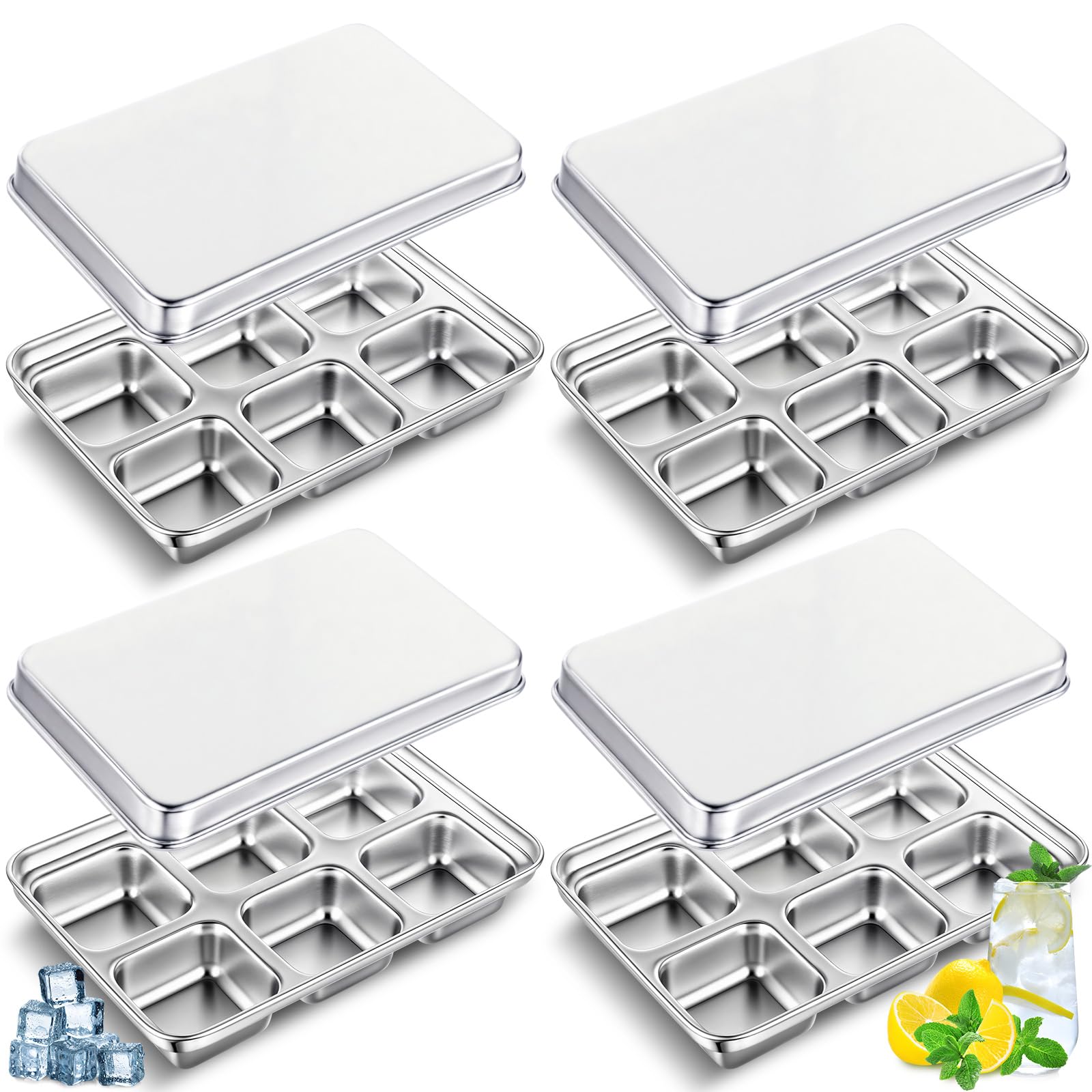 Domensi 4 Pack Stainless Steel Ice Cube Trays for Freezer Metal Ice Cube Trays with Lid Easy Release Molds Durable and Dishwasher Safe for Bars