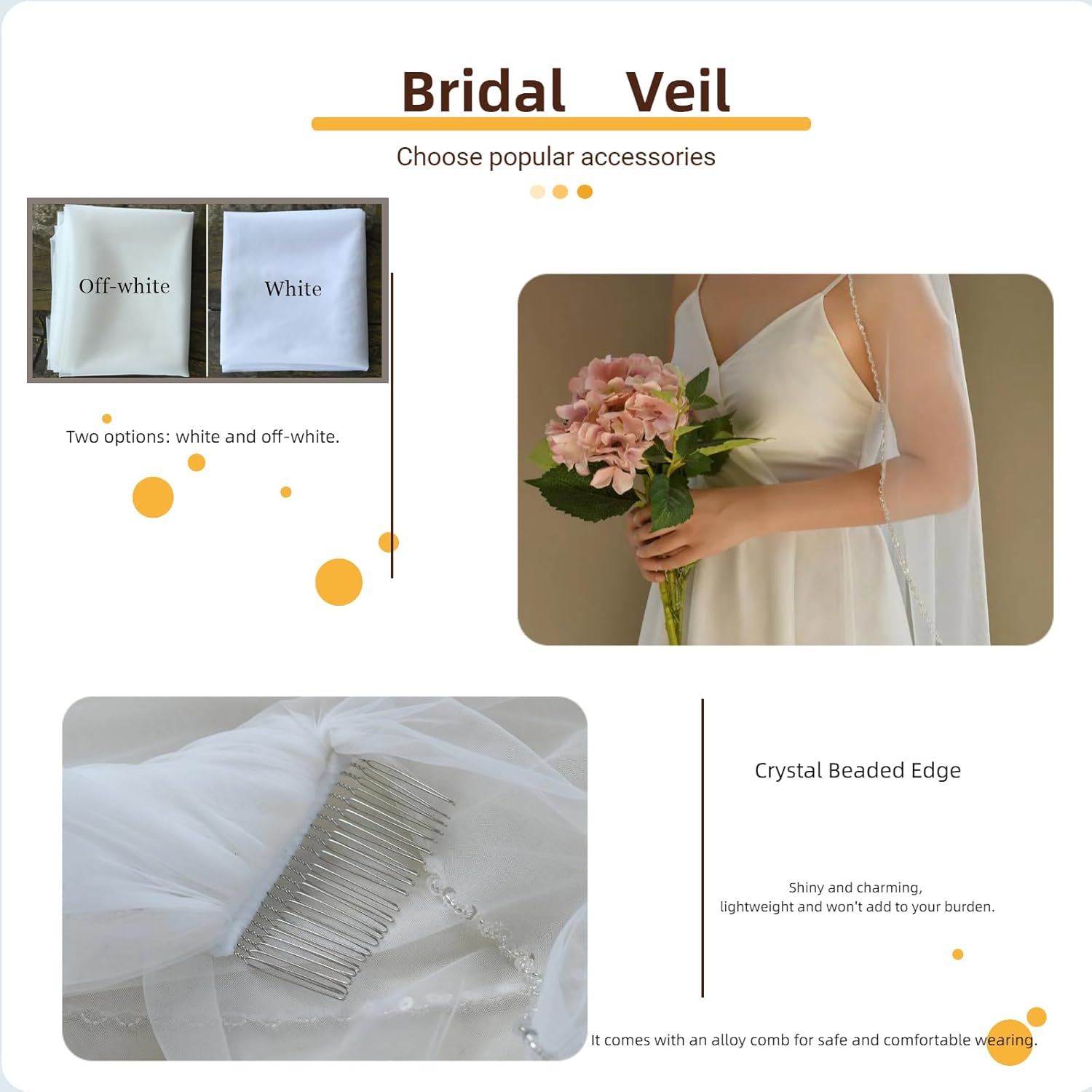LOVFOIVER Wedding Veil for Bride Crystal Beaded Edge 1 Tier Fingertip Length Bridal Veil With Comb - Image 5
