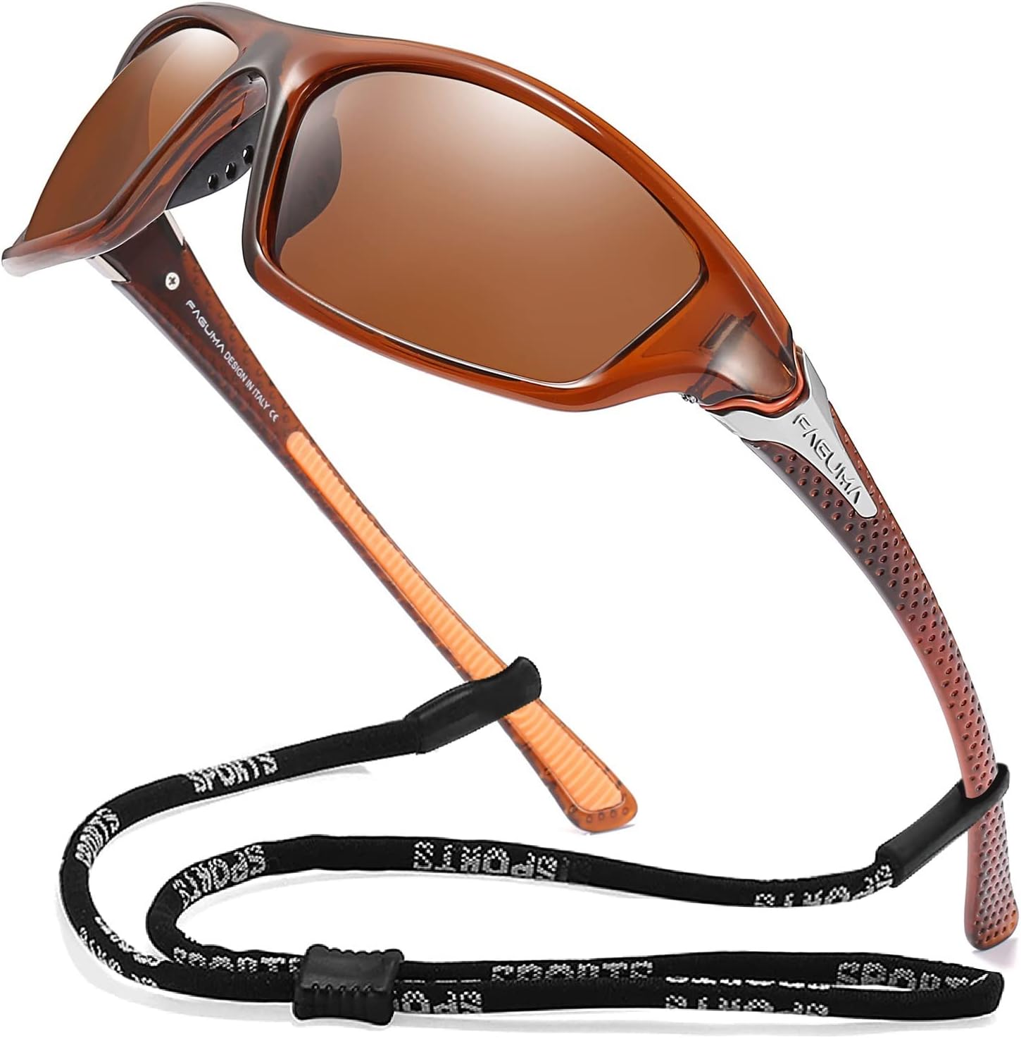 FAGUMA Sports Polarized Sunglasses For Men Cycling Driving Fishing 100% UV Protection, Brown Transparent Frame/Brown Lens
