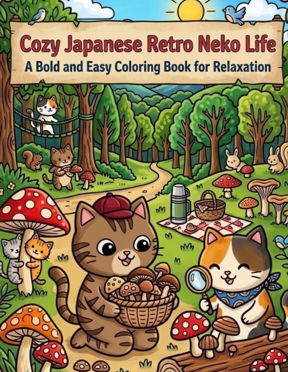 Cozy Japanese Retro Neko Life: A Bold and Easy Coloring Book for Relaxation