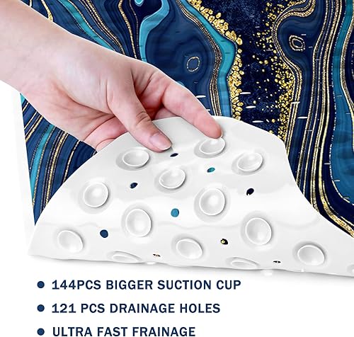 Miniatura 4 de Tapete de baño antideslizante con diseño de mármol geométrico azul para ducha, tapete de ducha grande lavable para duchas con agujeros de drenaje y