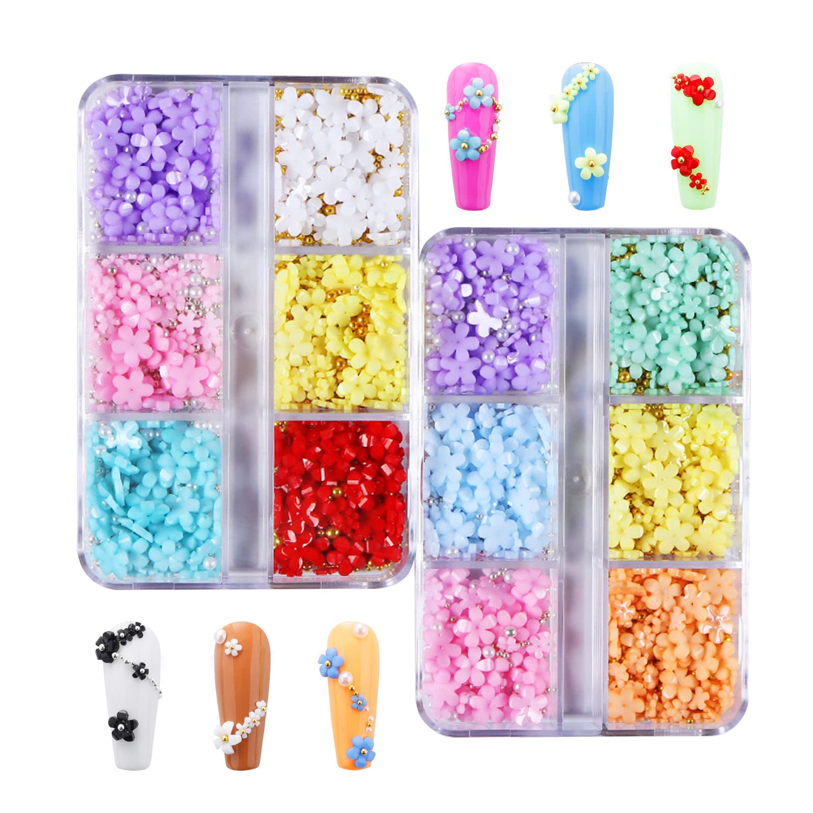 2Boxes 6 Grids 3D Colorful Flower Nail Charms- 3D Nail Flowers Rhinestone with White Pearl &Gold Silver Caviar Beads Mixed DIY Nail Decorations for Acrylic Cherry Blossom Nail Art Design (Colorful A)
