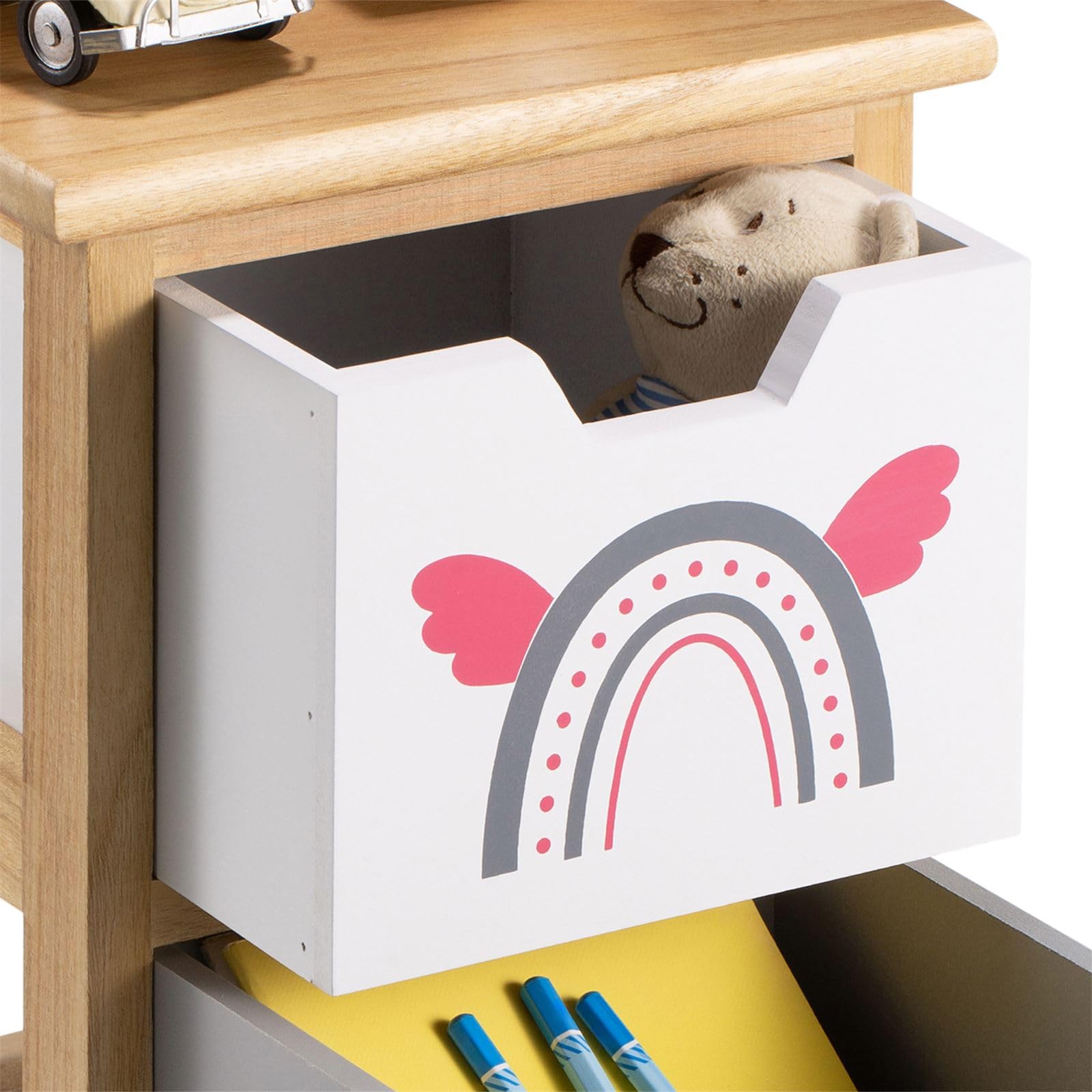 IDIMEX Table de Chevet Enfant ESTA Petite Commode en Bois de Paulownia Naturel, 2 tiroirs Gris et Blanc aux Motifs Arc-en-Ciel