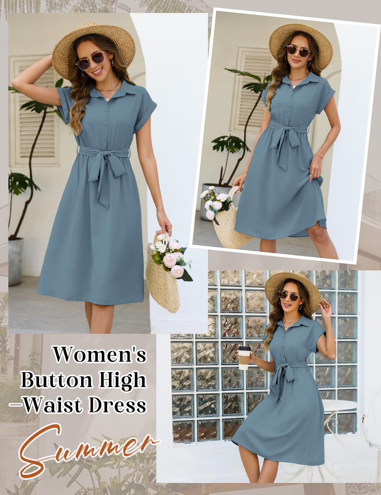 HEEKPEK Sommerkleid Damen Kleid Midikleid Sommer Elegant V-Ausschnitt Blusenkleid Casual Locker Schnürung Wickelkleid Kurzarm Freizeitkleider Knielang mit Taschen