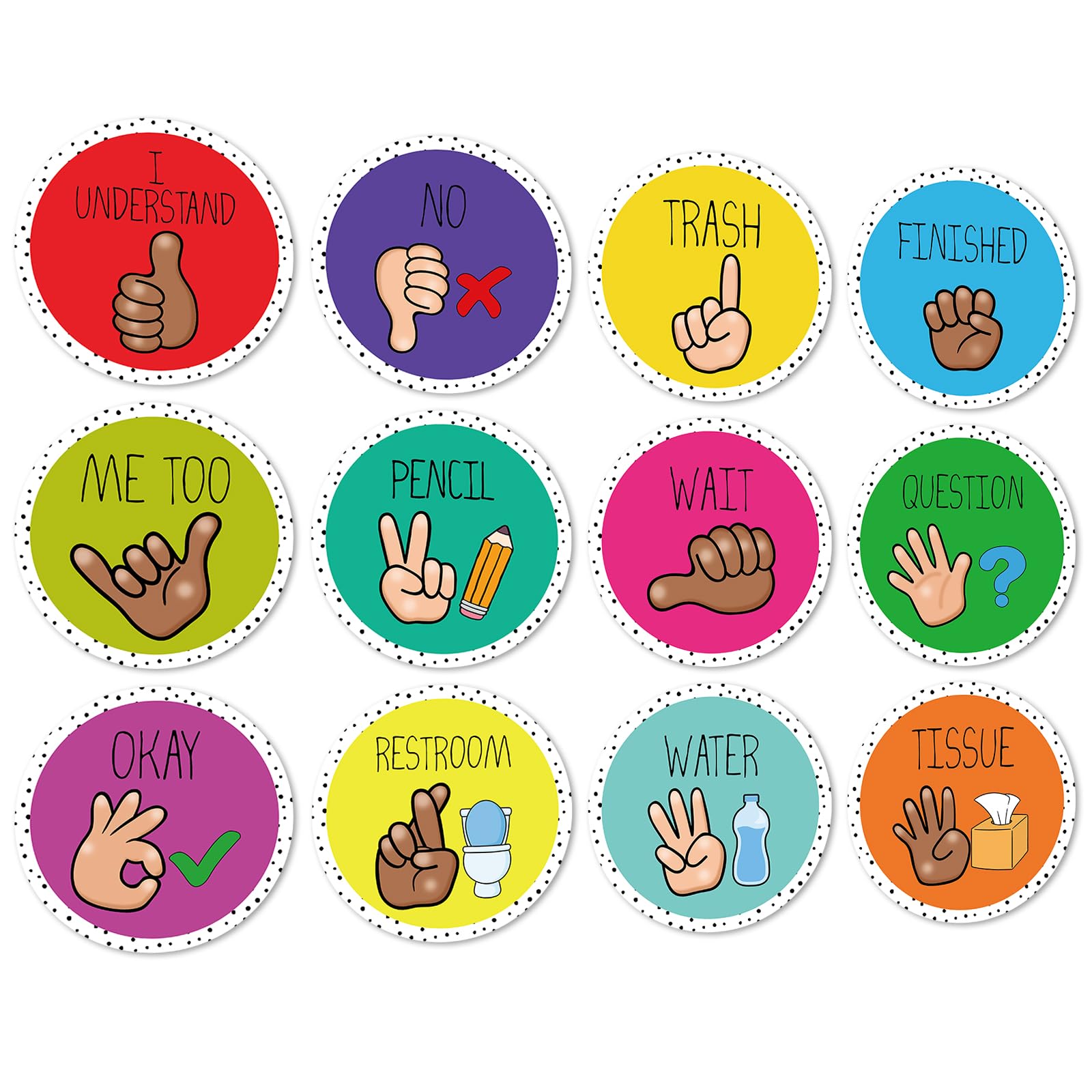 JarThenaAMCS 12Pcs Colorful Classroom Hand Signals Posters Bright Color Teachers Sign Language Cutout for Classroom Learning Bulletin Board Decor