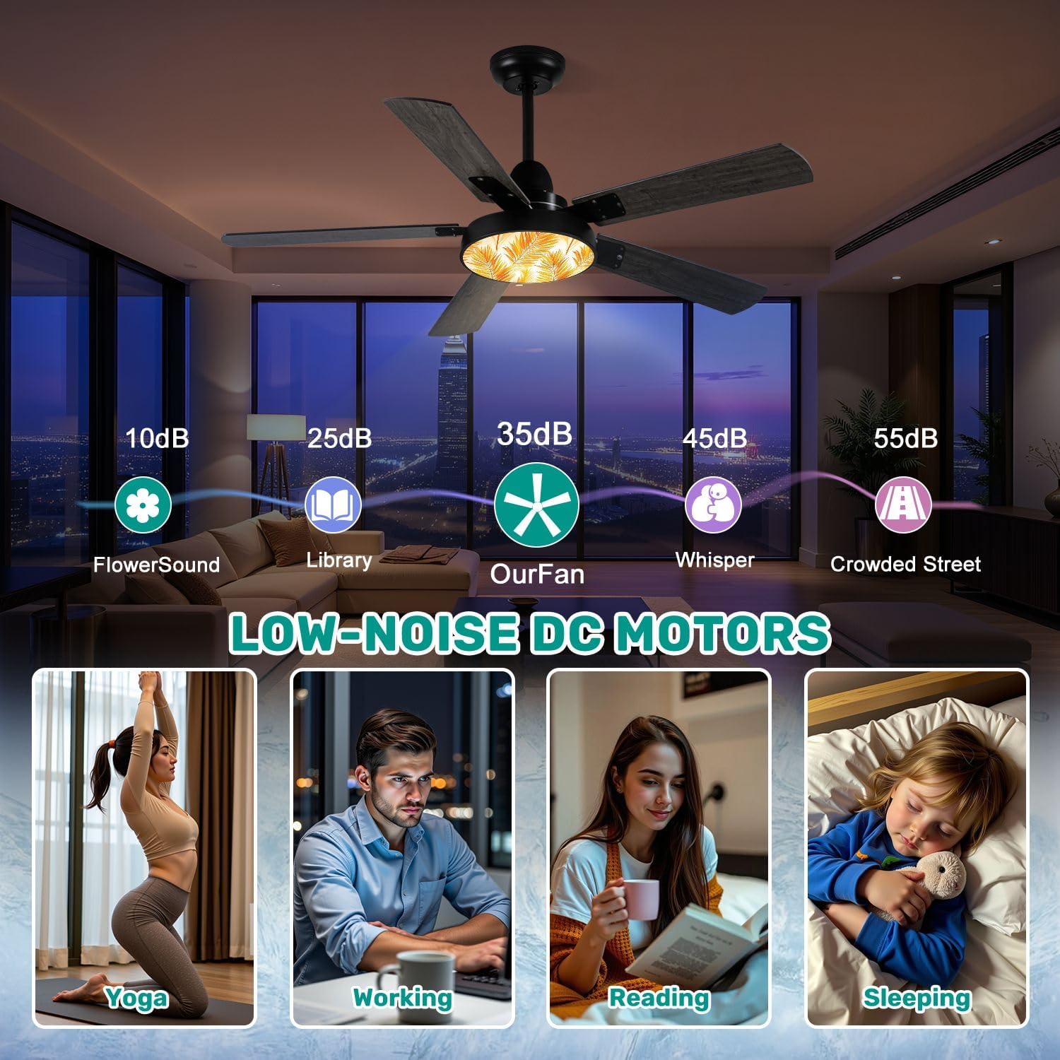 Modern Ceiling Fans with Lights Remote, colorful collage contemporary natural seamless Modern abstract 42 Inch Ceiling Fan for Bedroom Living Room Farmhouse, 6 Speed Reversible Quiet Motor