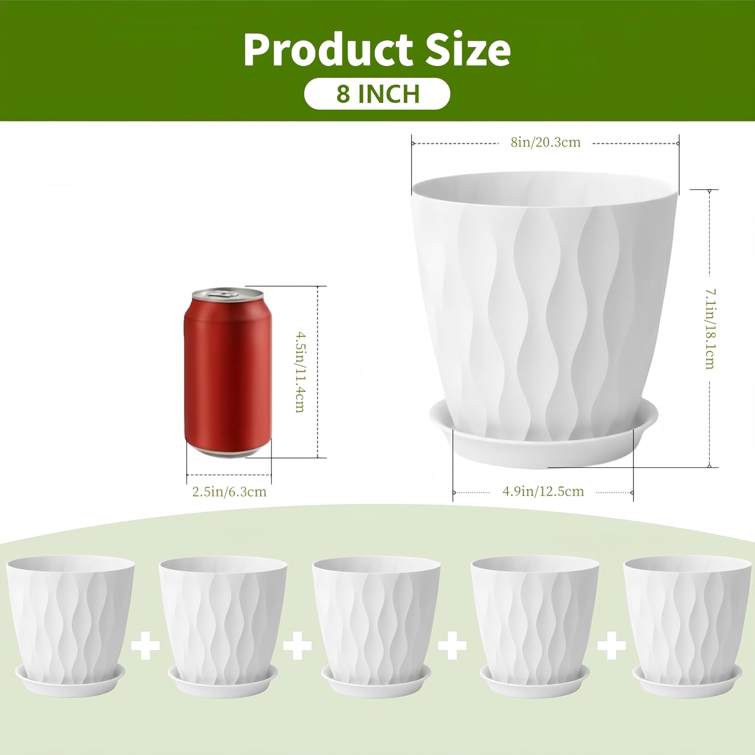 Plant Pots 8 Inch, 6 Pack Plastic Flower Pots for Indoor & Outdoor Plants, Planters with Drainage Holes and Saucer, Garden Pot for Plants (White)