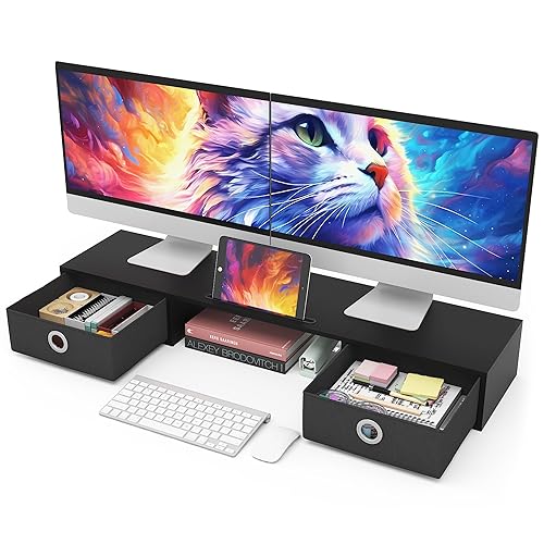 WESTREE Dual Monitor Stand Riser with Two Drawers, Extra Large Storage Monitor Stand for 2 Monitors, Desktop Oraganizer Stand for Computer,Laptop,Screen,Printer,TV - Black