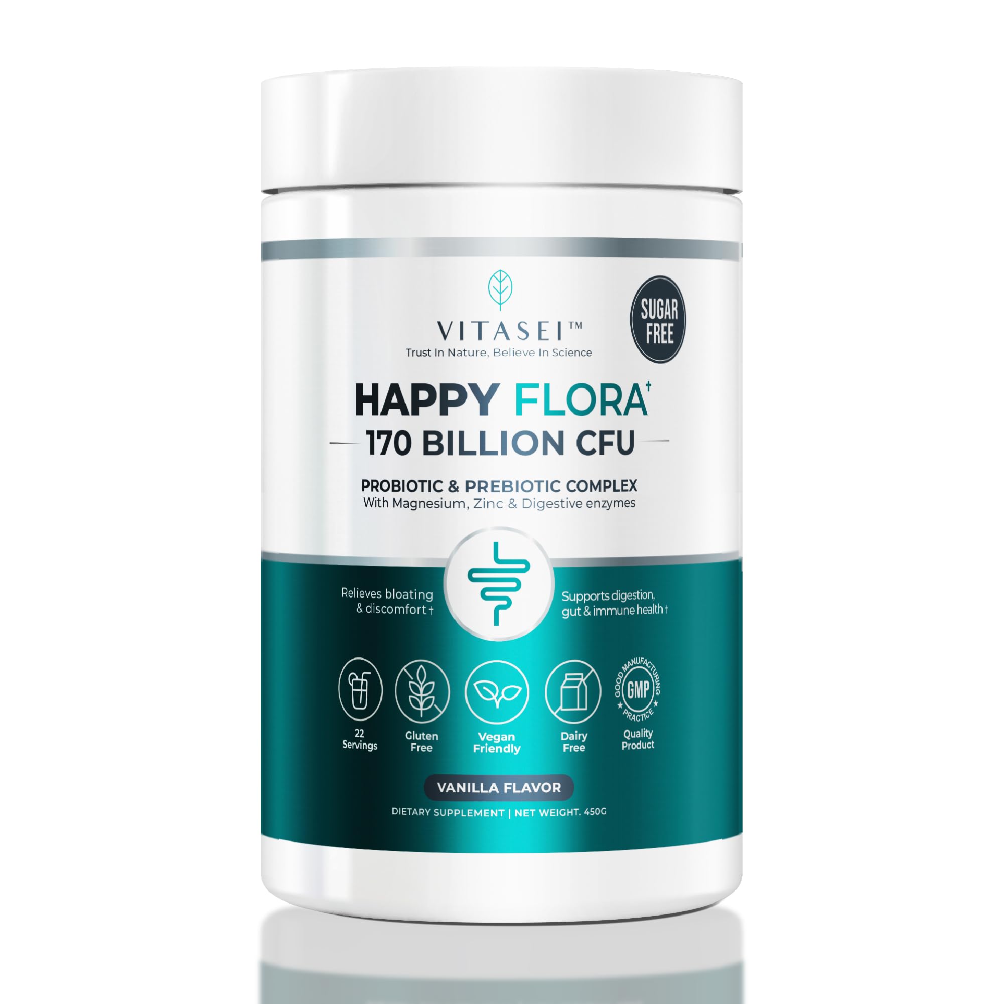 VITASEI Happy Flora Probiotic Powder for Women & Men – Probiotic Prebiotic Complex with Magnesium & Zinc, 170 Billion CFU, Supports Digestive Health &