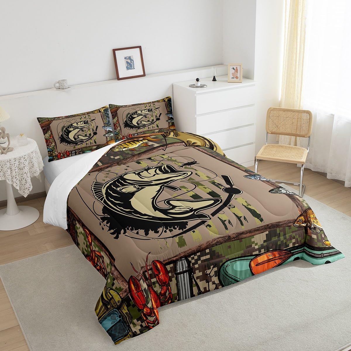 Fishing and Hunting Comforter Set Camo American Flag Fishing Bedding Set Queen for Teen Boys Men Fishermen,Rustic Big Bass Pike Fish Bed Comforter Sets,Farmhouse Cabin Quilt Duvet 2 Pillow Cases