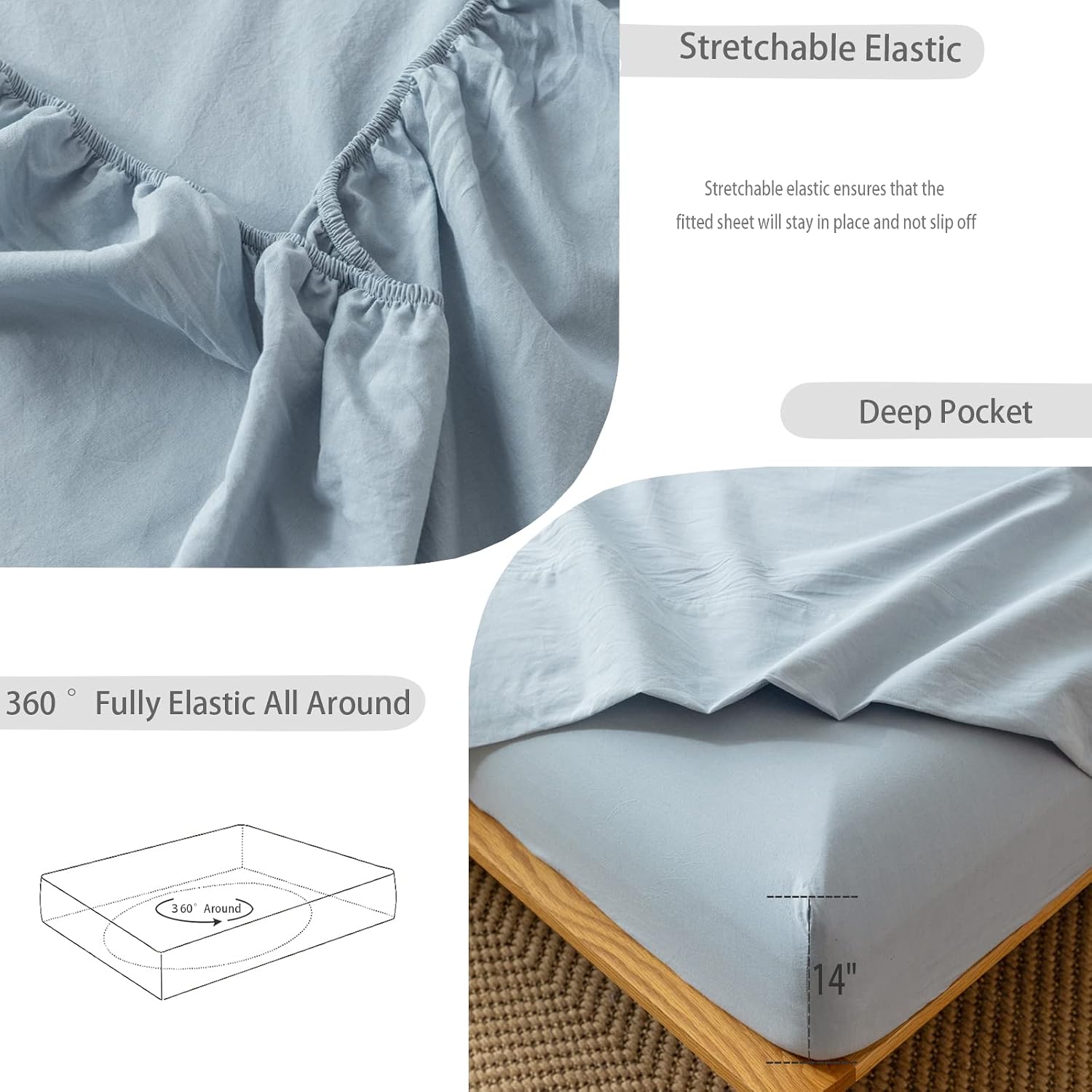 MooMee Bedding Sheet Set 100% Washed Cotton Linen Like Textured Breathable Durable Soft Comfy (Cornflower Blue, King)