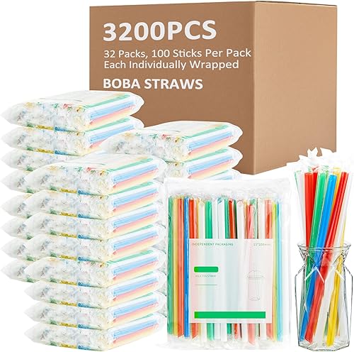 Tessco 3200 pajitas jumbo para batidos, paquete de 32 100 unidades cada una, pajitas Boba de 0.43 x 9.84 pulgadas, pajitas de té de burbujas