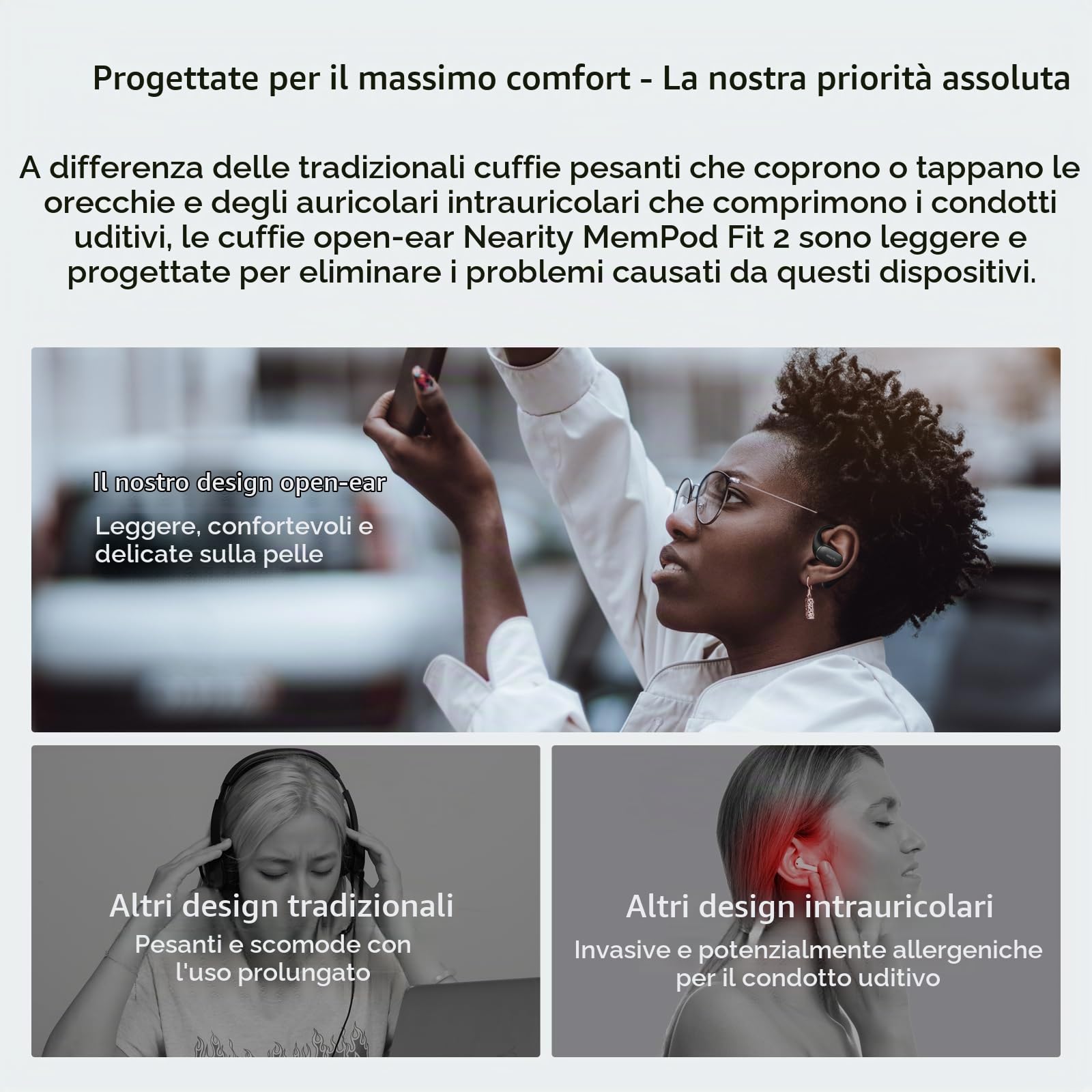 NEARITY MemPod Fit 2 cuffie Bluetooth Open Ear, auricolari wireless con bassi profondi, fino a 45 ore di riproduzione, custodia di ricarica, dongle, connessione duale, per telefono/Mac, nero