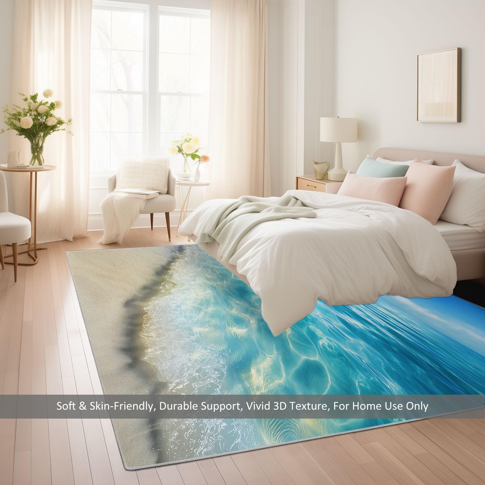 Tapis de Zone Océan Plage Lavable en Machine 80 x 150 cm, Tapis à Faible Poil Antidérapant avec Imprimé Côtier Réaliste Vagues - pour Salon Chambre à Coucher Entrée Bureau à Domicile, Bleu