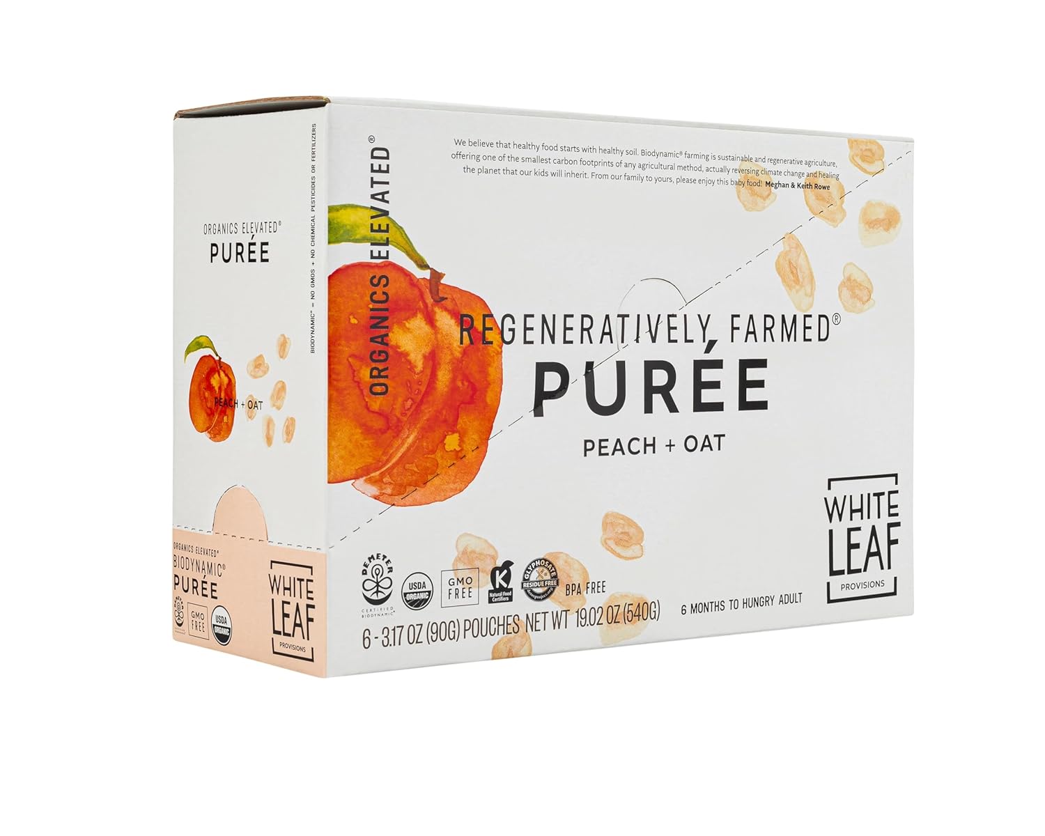 White Leaf Organic Purees/Baby Food Pouches - Fruits, Veggies & Grains, Toddler snack, Regeneratively Farmed, No Added Sugar, Non-GMO, BPA-Free Pouches 3.17 oz (Pack of 24, Peach + Oat)