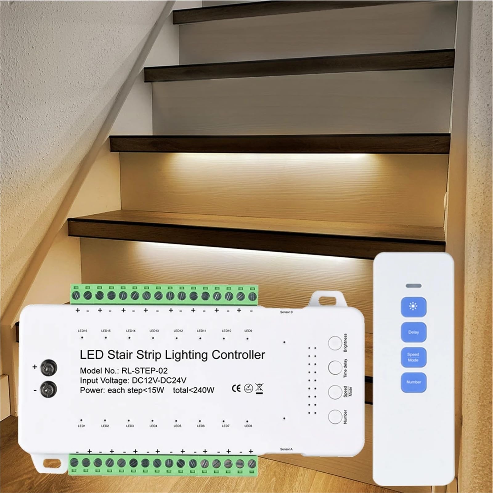 Sensore di movimento for gradini a LED Controller a 16 vie Dimming COB STRIP Luce notturna 12V Illuminazione ambientale domestica flessibile(20M Extend Wire)