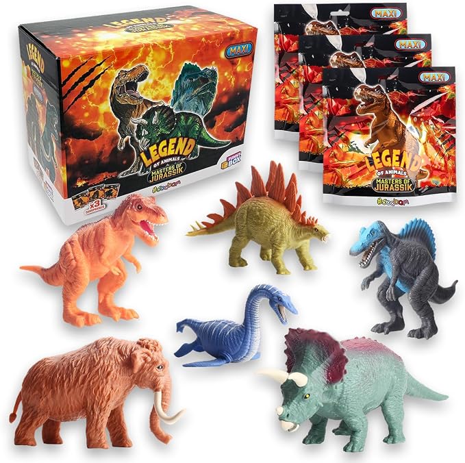 Sbabam FUNNY BOX Legend of Animals Master of Jurassik, Dinosauri per Bambini Grandi e Allungabili, 3 Pz, Giochi per Bambini da Edicola con T-Rex Triceratopo e Altri - Animali Giocattolo Regalo Bambino