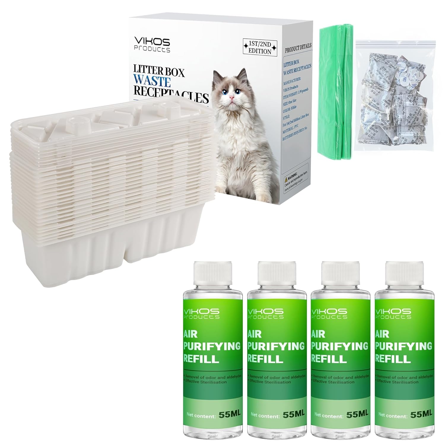 20-Pack Disposable Litter Box Waste Receptacles Compatible with Littermaid Waste Receptacles, and (4 Bottles, Lemon Flavor) Cat Litter Deodorizer for PET-KIT PuraX PuraMax Self-Cleaning Cat Litter Box