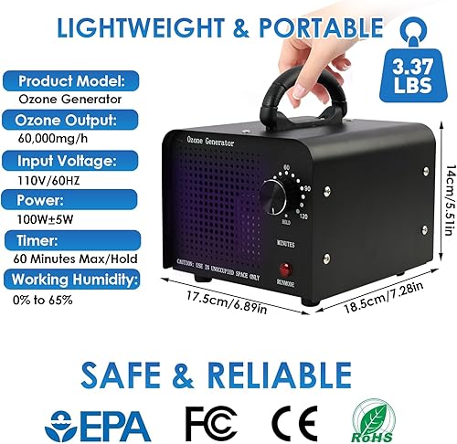 Miniatura 2 de Generador de ozono 60,000 mgh - Desodorizador purificador de aire de alta capacidad para 4000 pies cuadrados, elimina olores, humo, mascotas, mejor