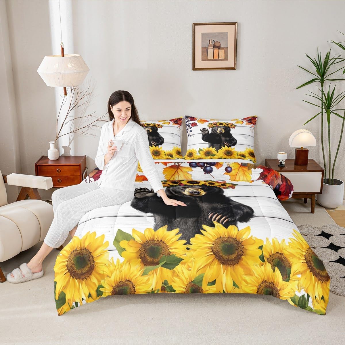 Feelyou Rustic Bear Bedding Set Soft for Boys Girls, Sunflower Comforter Set Queen Size Country Animal Duvet Quilt Microfiber Farmhouse Bedroom Decor 3 Pcs with 2 Pillow Cases